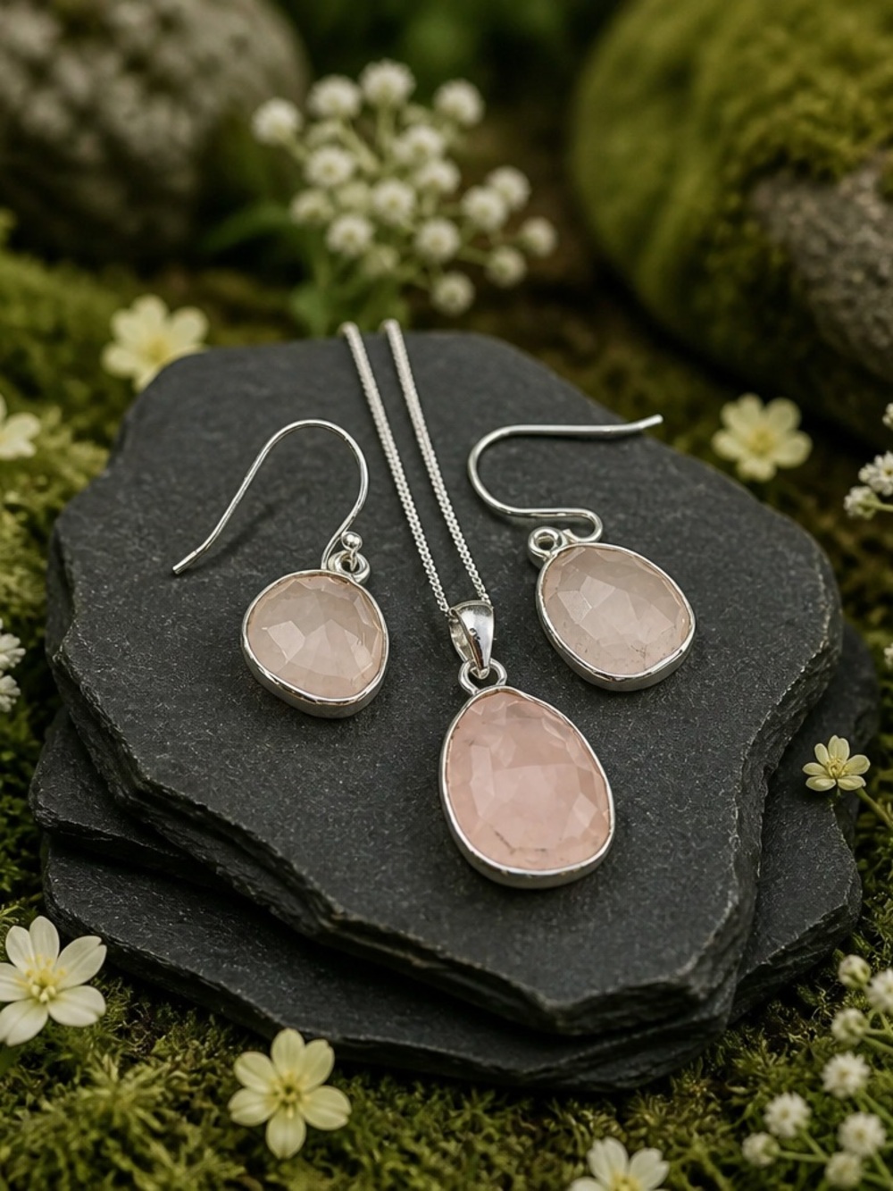 Rose Quartz Necklace & Earring SET!